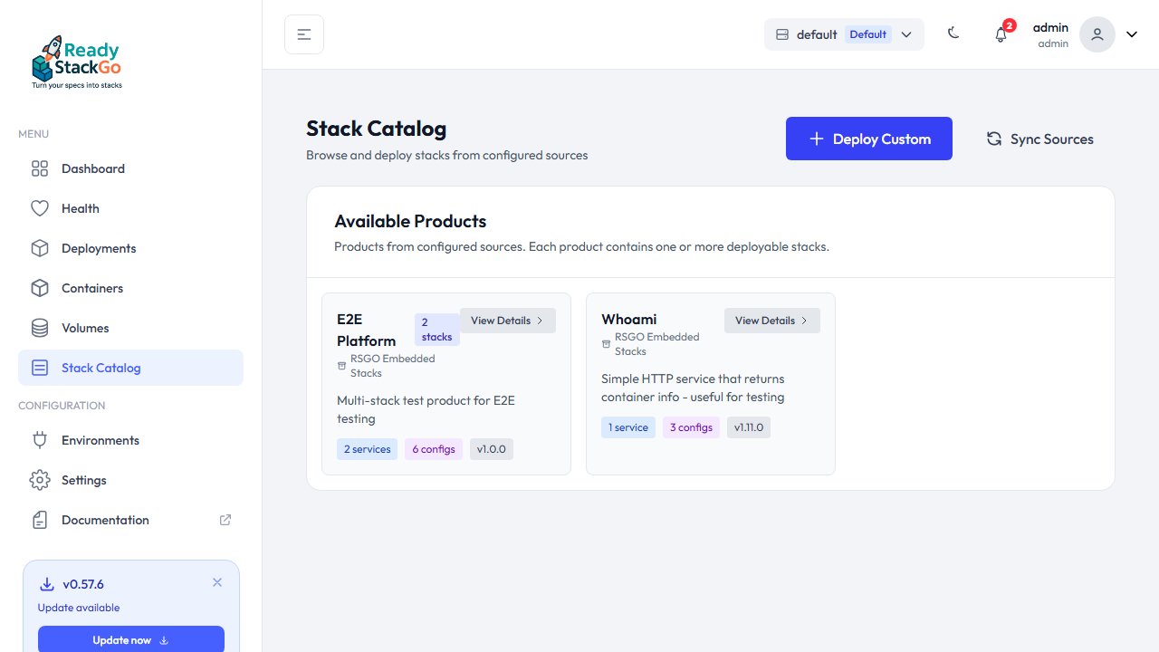 Stack Catalog mit verfügbaren Produkten