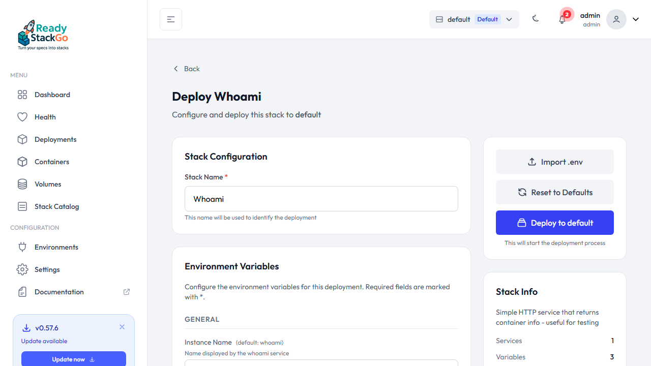 Deploy-Seite mit Stack-Konfiguration