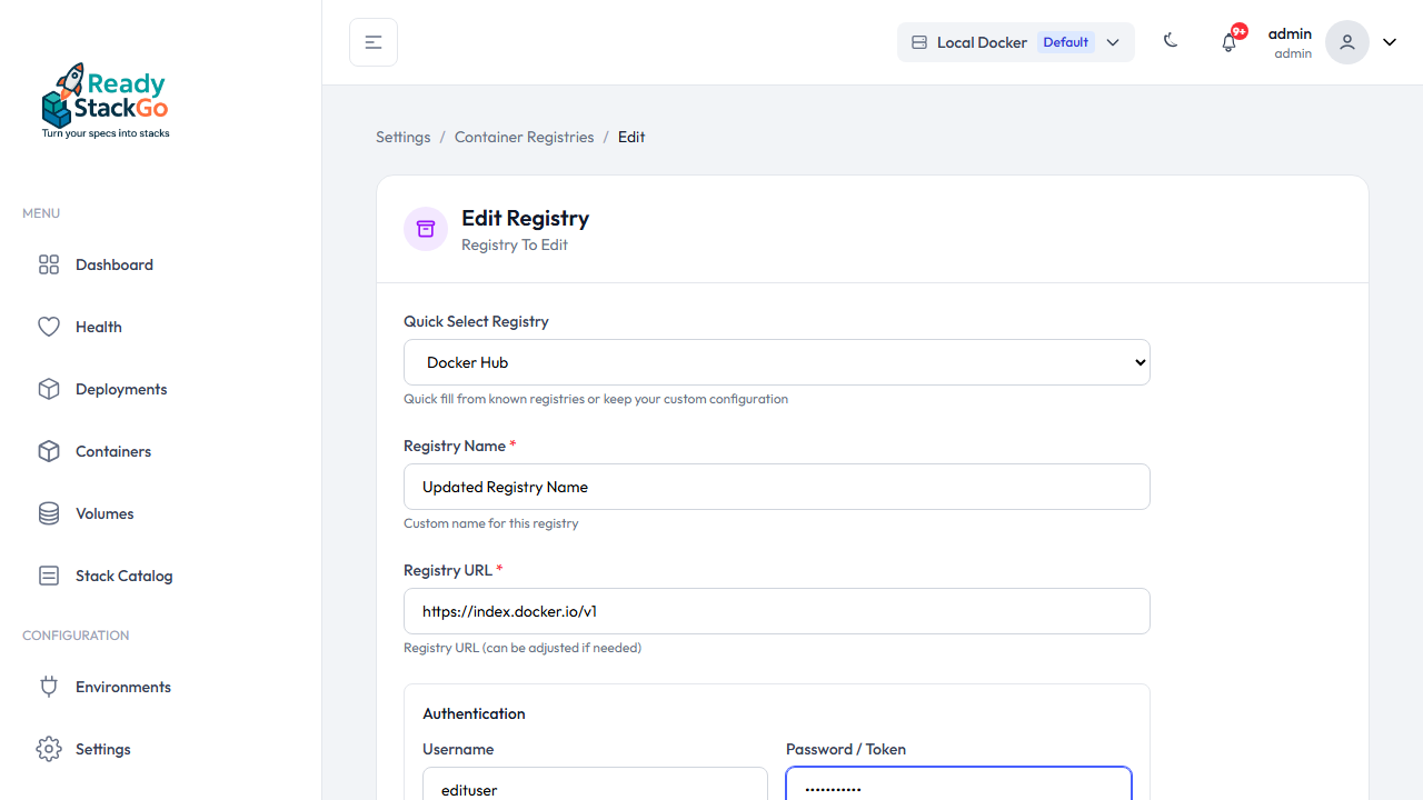 Edit-Formular einer Registry mit geänderten Daten
