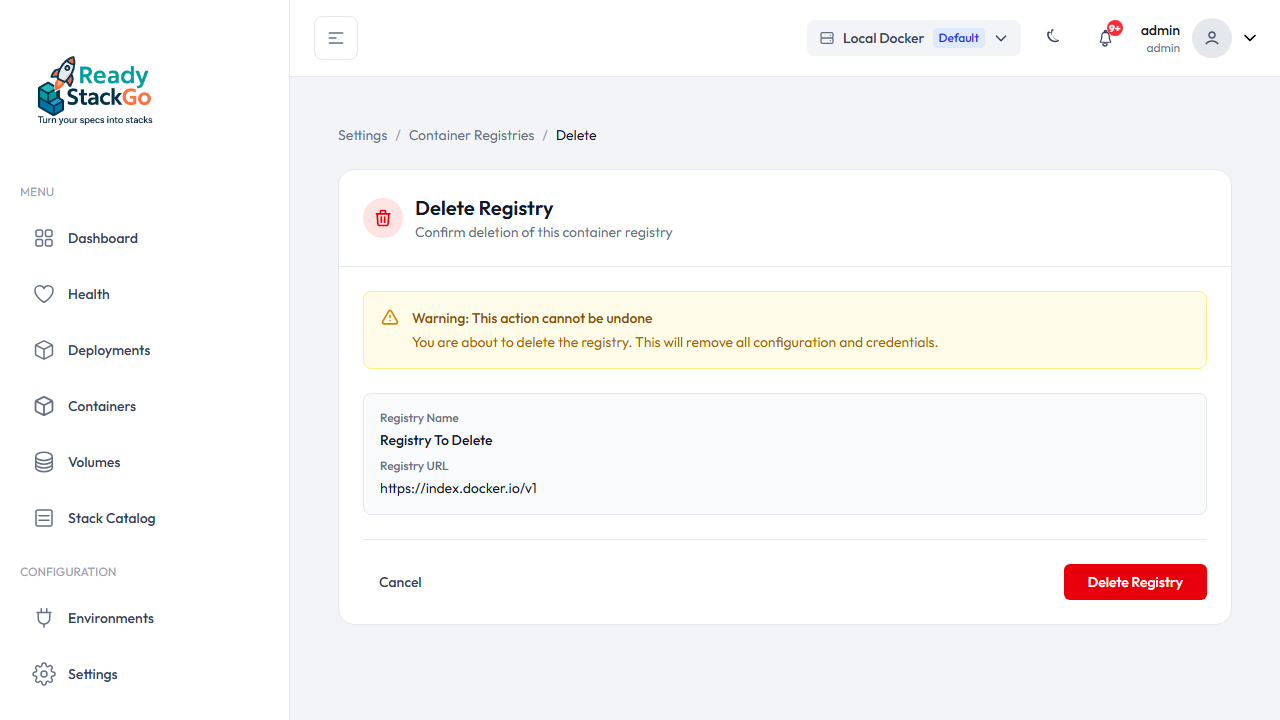 Lösch-Bestätigung mit Registry-Details und Warnung