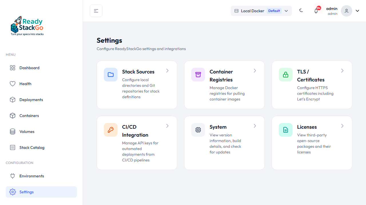 Settings-Seite mit Stack Sources Karte