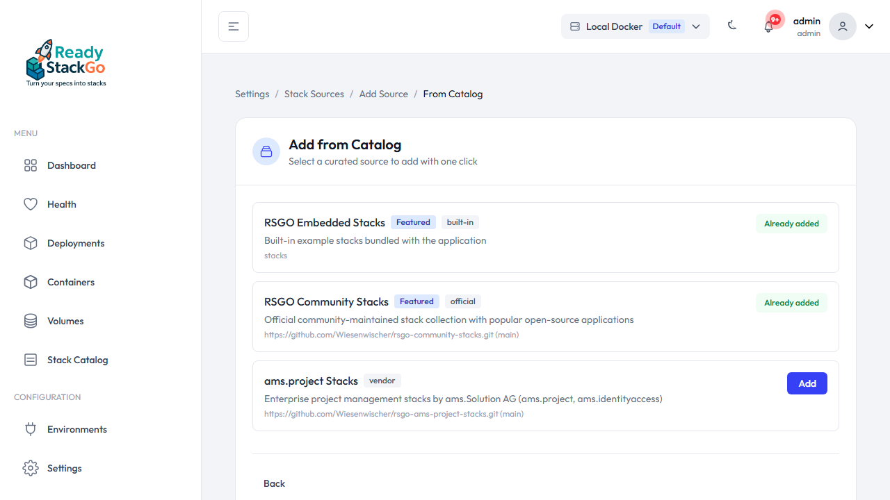 Katalog-Seite mit verfügbaren Quellen